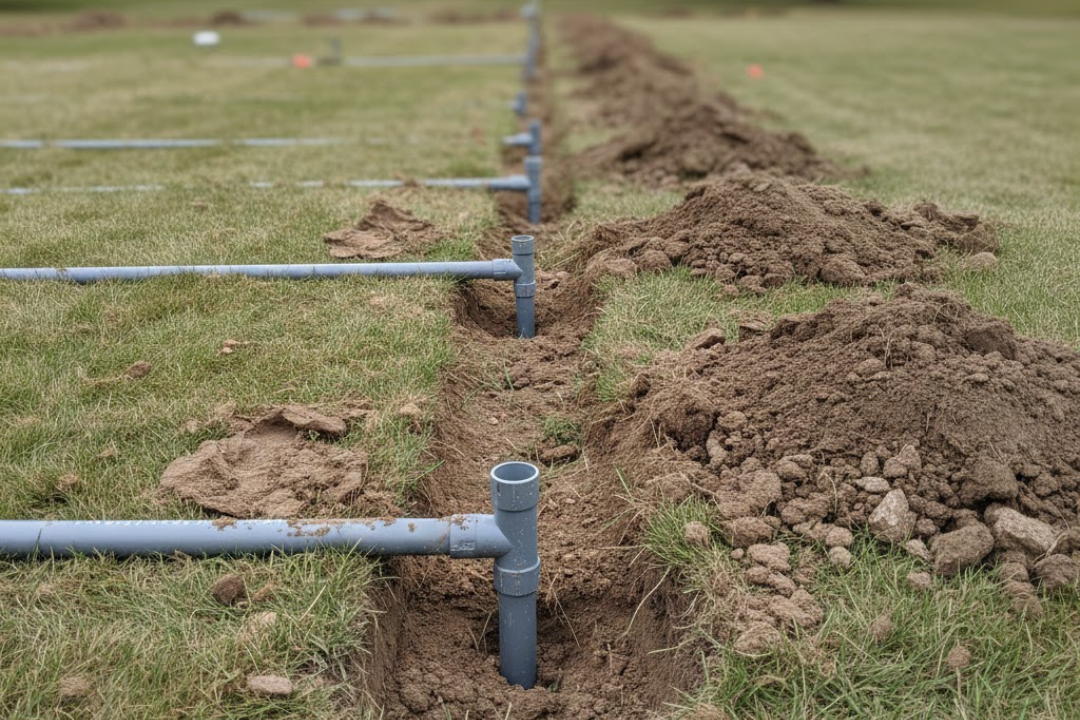irrigation installation process with underground piping and sprinkler heads