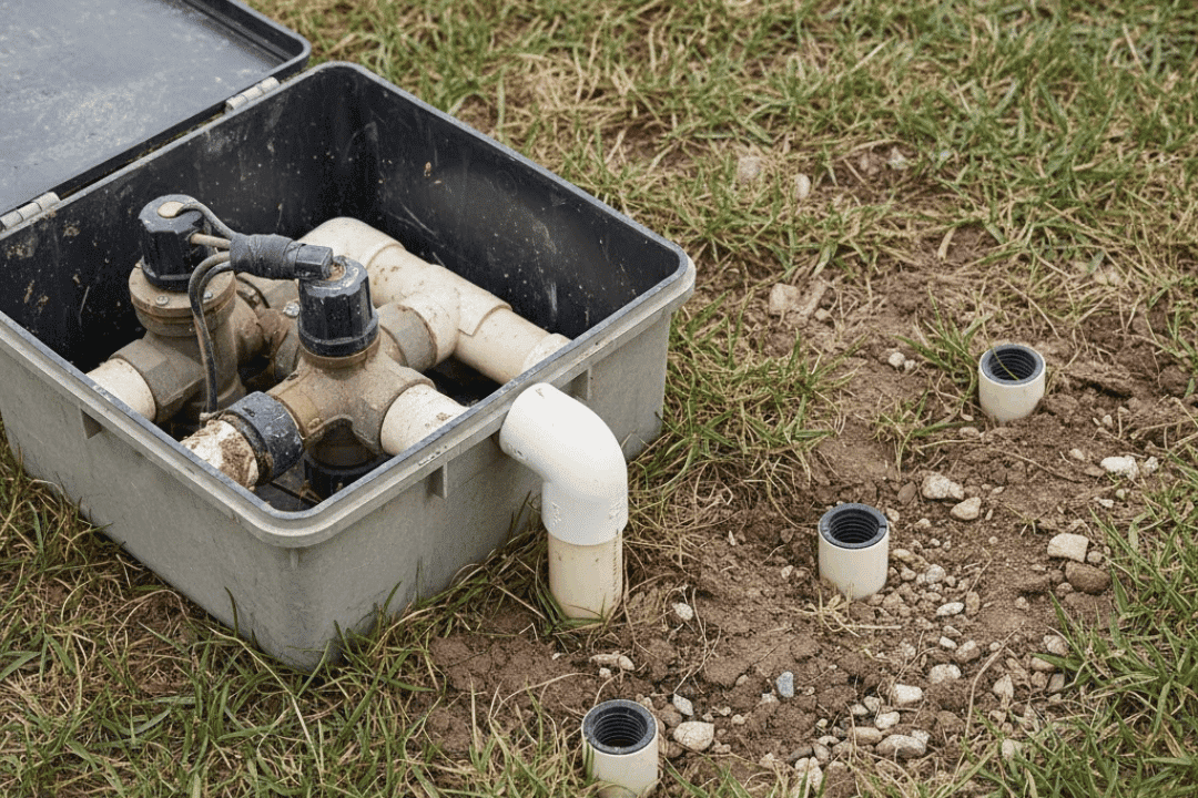 irrigation system components including valves, pipes, and sprinkler heads