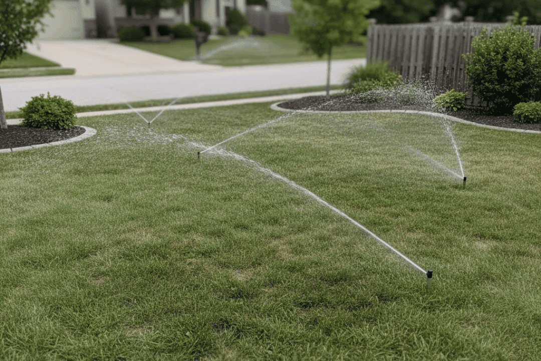 sprinkler system delivering even water coverage across a landscaped lawn