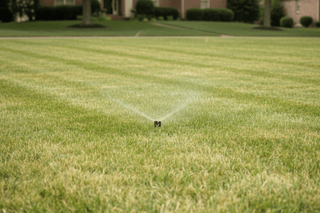 sprinkler system across a healthy lawn