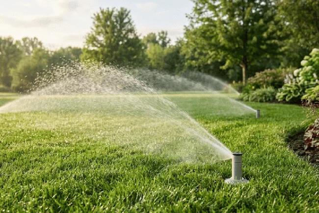 automatic residential sprinkler system in operation showing consistent lawn watering without manual hose use