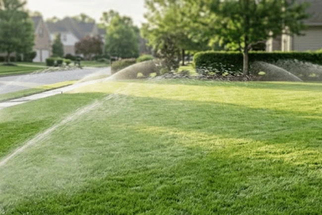 even water distribution from a residential sprinkler system creating a healthy, green lawn without dry patches