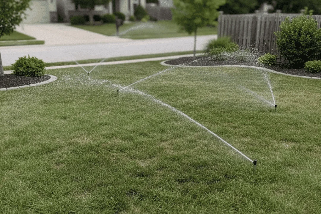 sprinkler system delivering even water coverage across a landscaped lawn